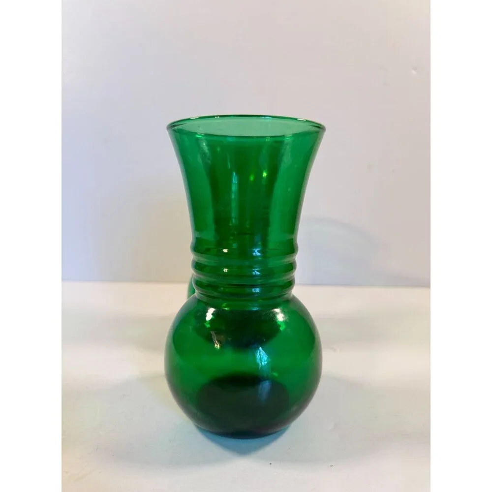 Vintage Mid Century Anchor Hocking Ribbed Forest Green Glass Vase Lot of 2